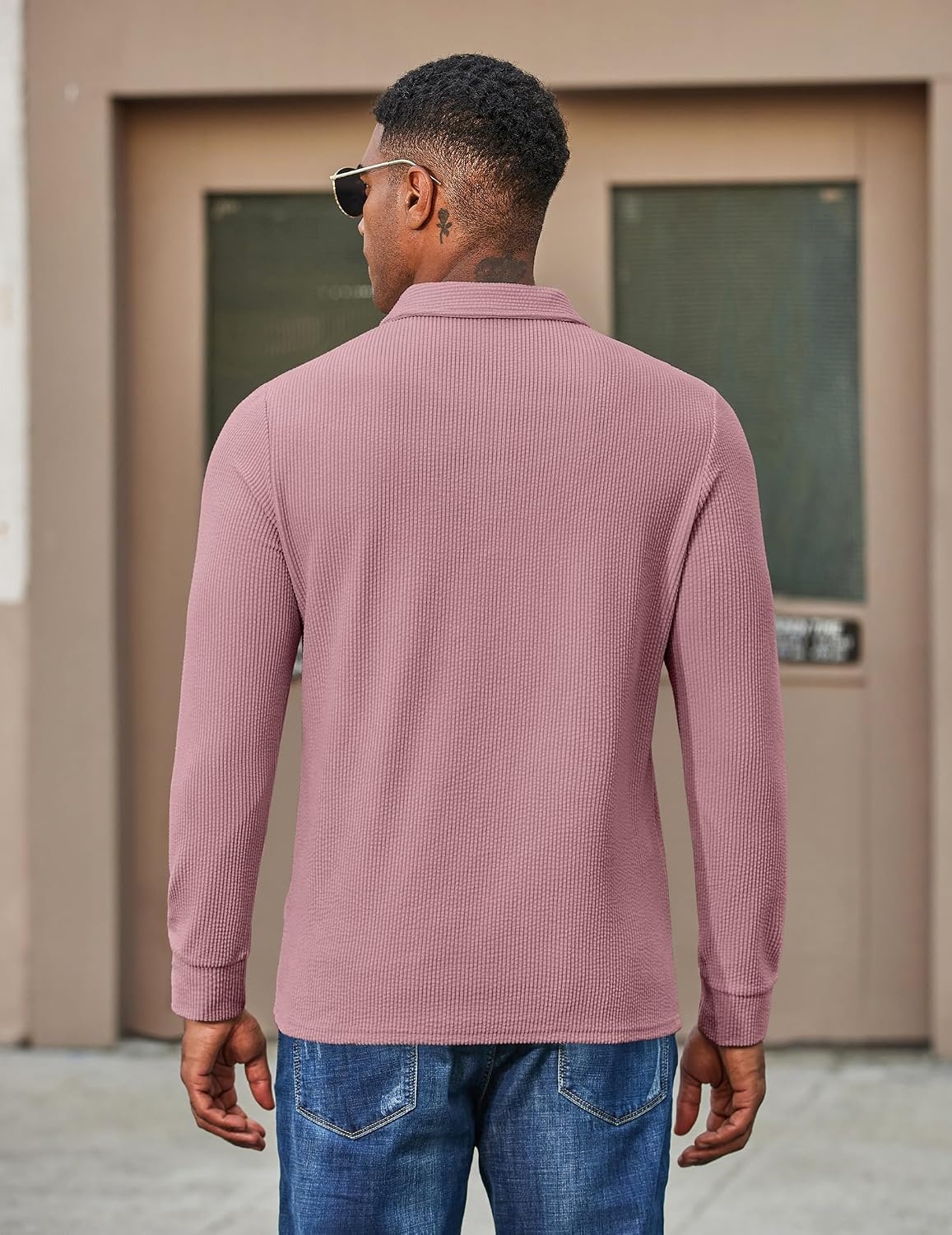 image:imageCOOFANDY Mens Corduroy Long Sleeve Polo Shirts Collared Pullover Soft Textured Fabric Quarter Button Placket Lightweight Regular Fit Fall Fashion Business Casual Work WearDusty Pink