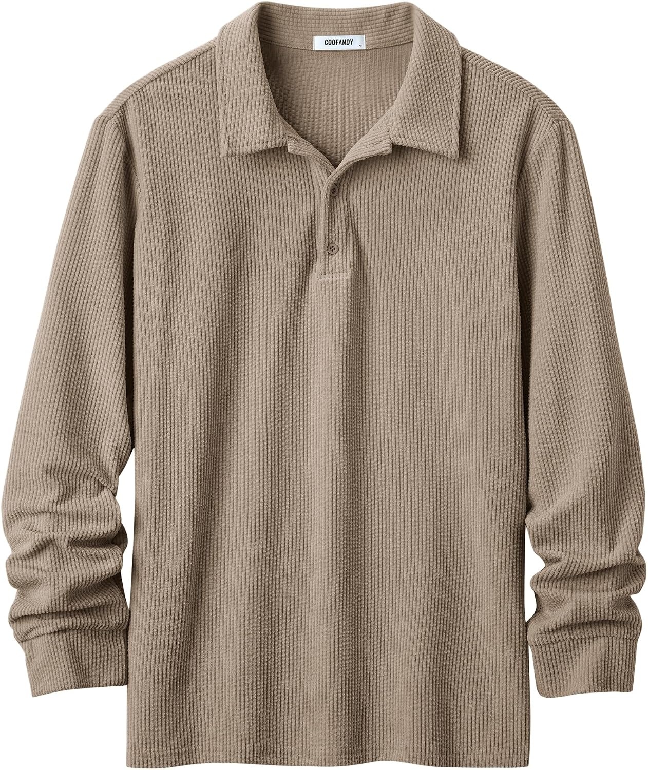 image:imageCOOFANDY Mens Corduroy Long Sleeve Polo Shirts Collared Pullover Soft Textured Fabric Quarter Button Placket Lightweight Regular Fit Fall Fashion Business Casual Work WearKhaki