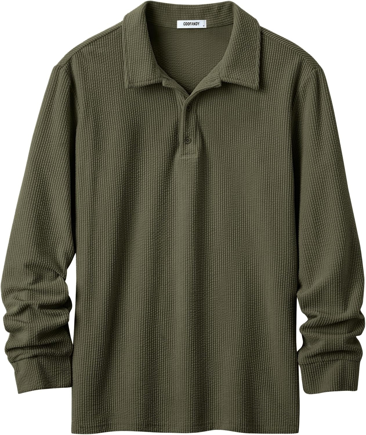 image:imageCOOFANDY Mens Corduroy Long Sleeve Polo Shirts Collared Pullover Soft Textured Fabric Quarter Button Placket Lightweight Regular Fit Fall Fashion Business Casual Work WearArmy Green