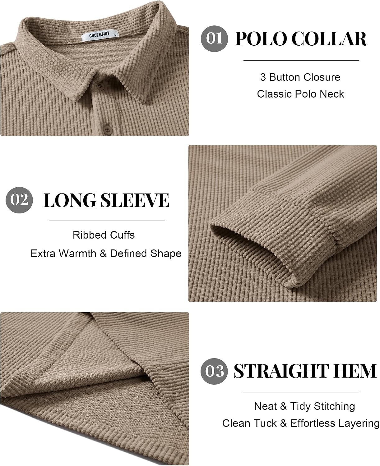 image:imageCOOFANDY Mens Corduroy Long Sleeve Polo Shirts Collared Pullover Soft Textured Fabric Quarter Button Placket Lightweight Regular Fit Fall Fashion Business Casual Work WearKhaki