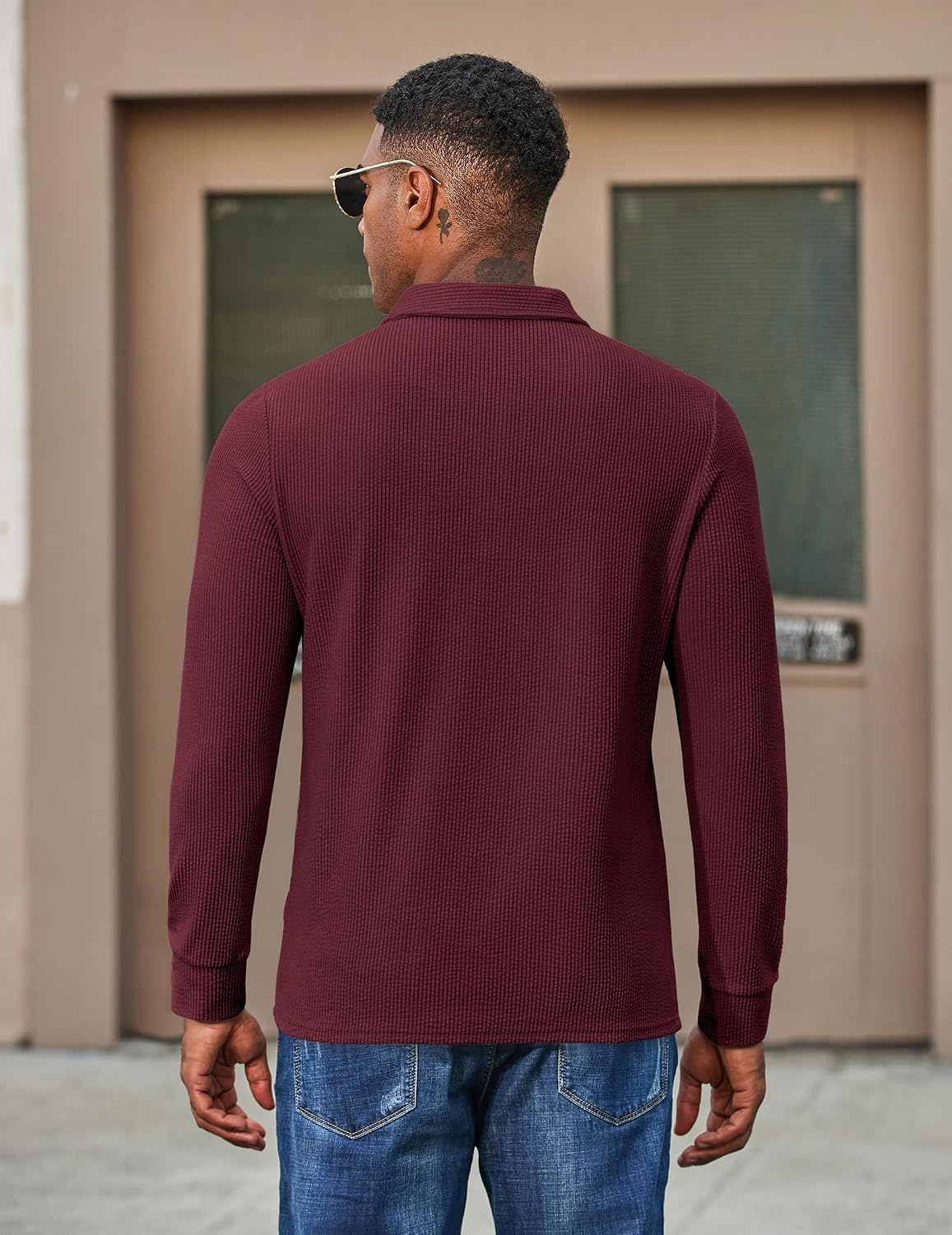 image:imageCOOFANDY Mens Corduroy Long Sleeve Polo Shirts Collared Pullover Soft Textured Fabric Quarter Button Placket Lightweight Regular Fit Fall Fashion Business Casual Work WearWine Red