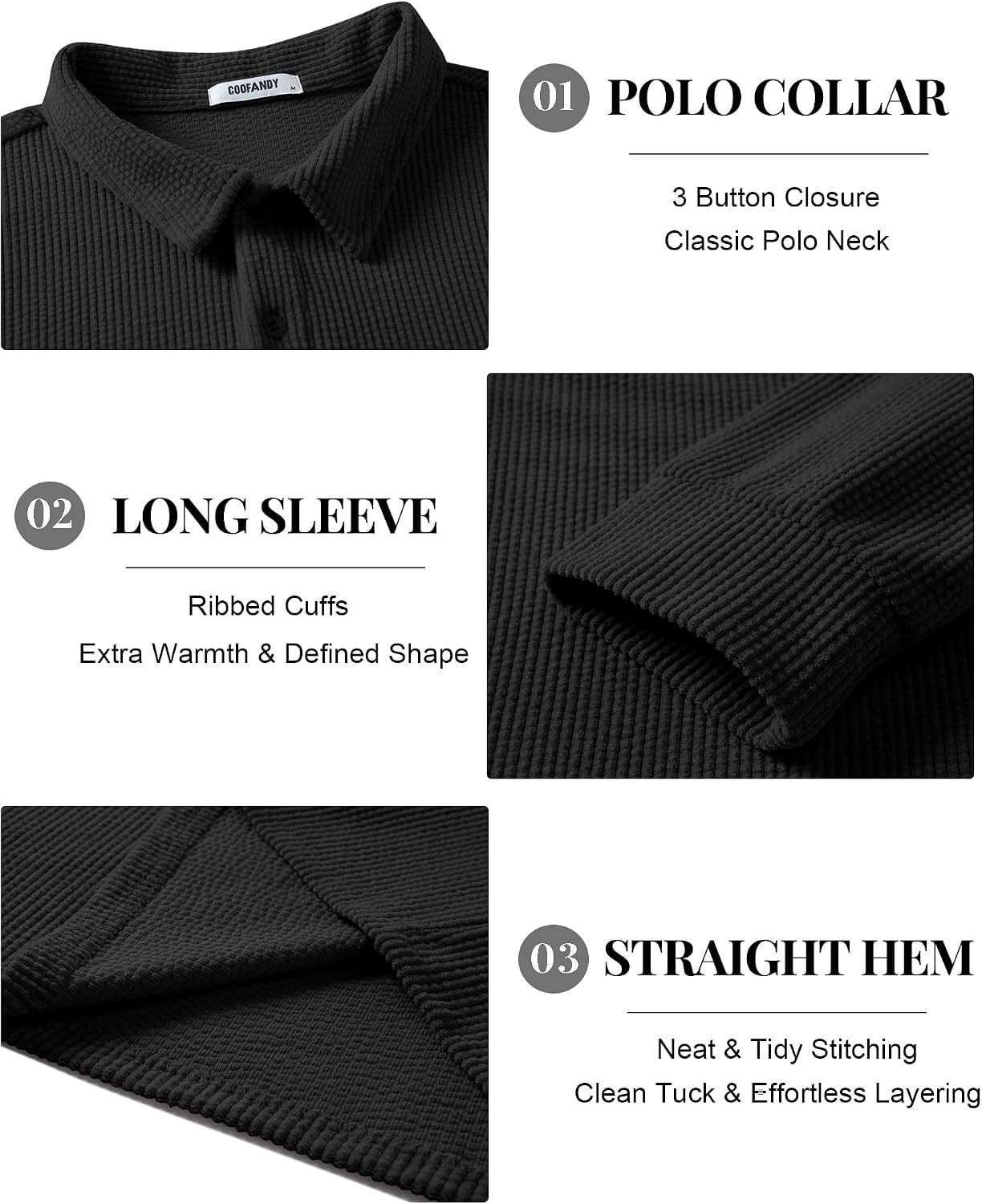 image:imageCOOFANDY Mens Corduroy Long Sleeve Polo Shirts Collared Pullover Soft Textured Fabric Quarter Button Placket Lightweight Regular Fit Fall Fashion Business Casual Work WearBlack