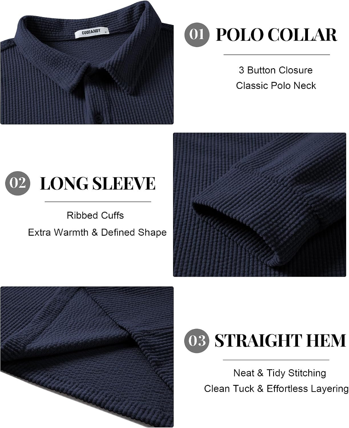 image:imageCOOFANDY Mens Corduroy Long Sleeve Polo Shirts Collared Pullover Soft Textured Fabric Quarter Button Placket Lightweight Regular Fit Fall Fashion Business Casual Work WearNavy Blue