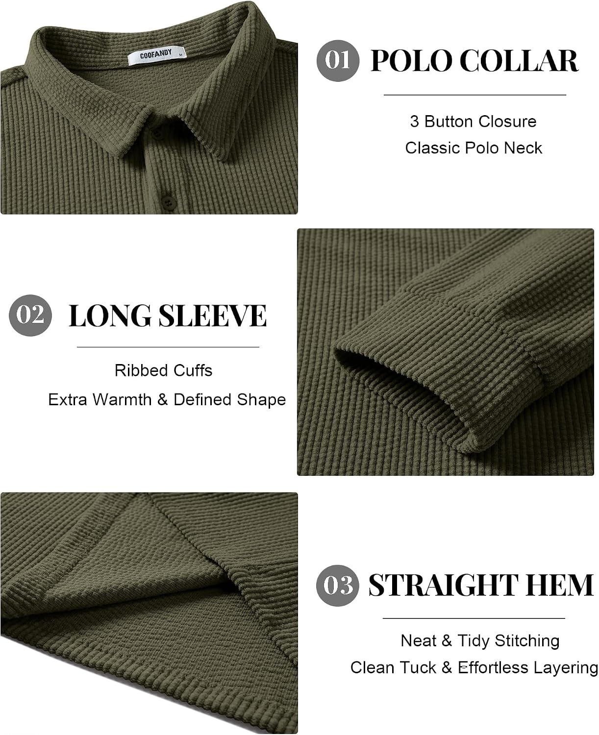 image:imageCOOFANDY Mens Corduroy Long Sleeve Polo Shirts Collared Pullover Soft Textured Fabric Quarter Button Placket Lightweight Regular Fit Fall Fashion Business Casual Work WearArmy Green