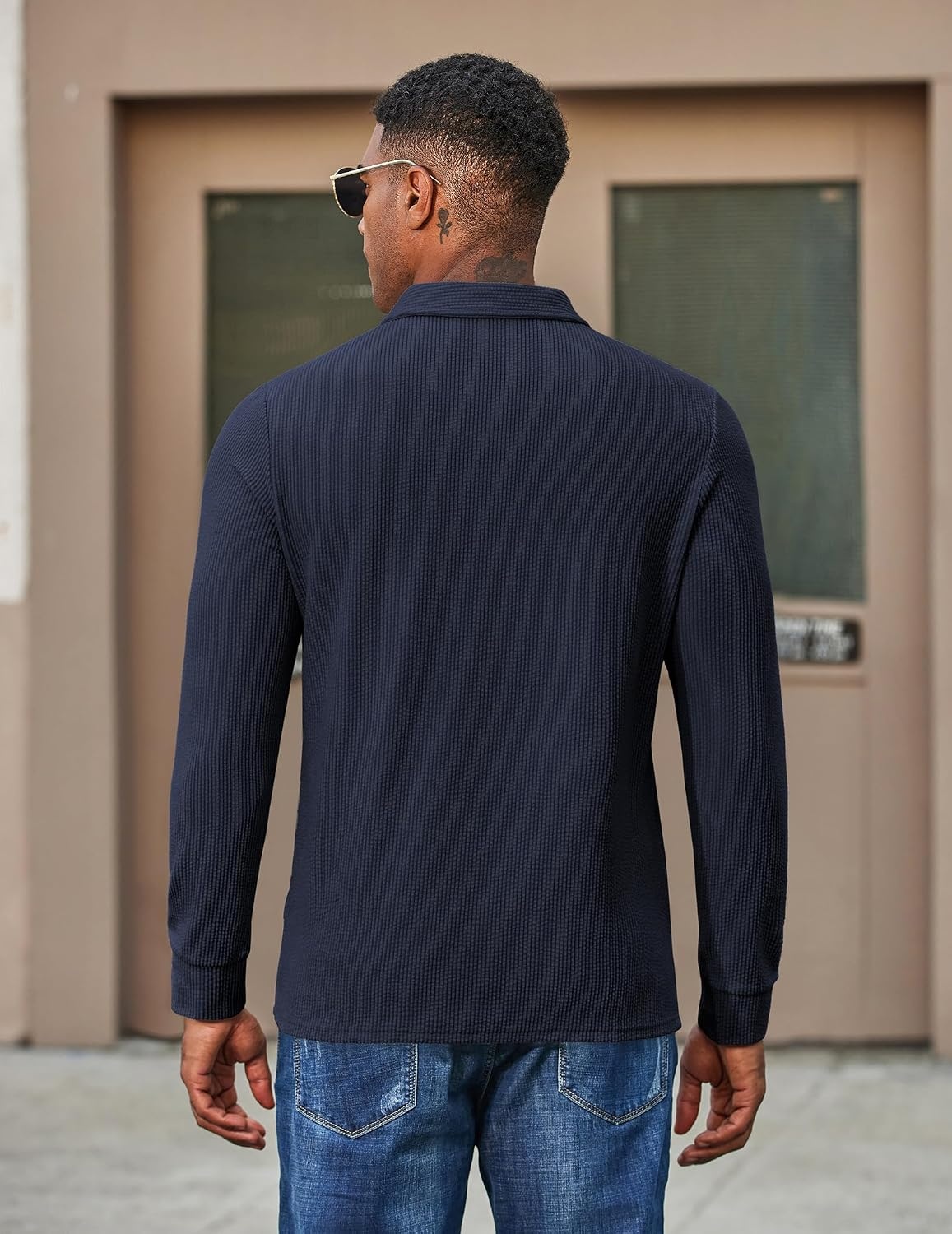 image:imageCOOFANDY Mens Corduroy Long Sleeve Polo Shirts Collared Pullover Soft Textured Fabric Quarter Button Placket Lightweight Regular Fit Fall Fashion Business Casual Work WearNavy Blue