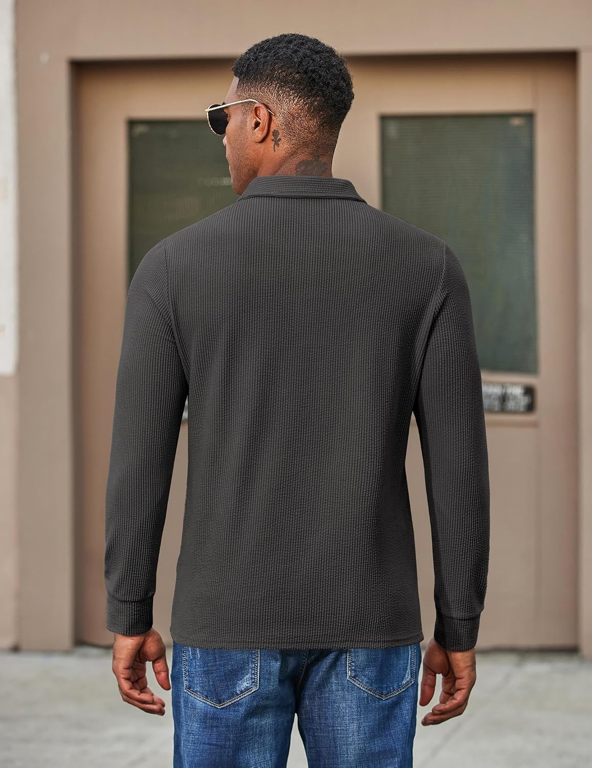 image:imageCOOFANDY Mens Corduroy Long Sleeve Polo Shirts Collared Pullover Soft Textured Fabric Quarter Button Placket Lightweight Regular Fit Fall Fashion Business Casual Work WearDark Grey