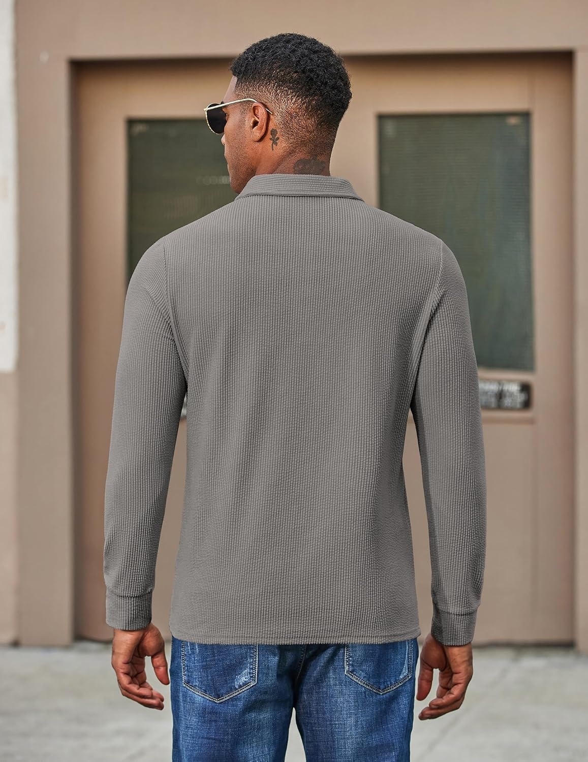image:imageCOOFANDY Mens Corduroy Long Sleeve Polo Shirts Collared Pullover Soft Textured Fabric Quarter Button Placket Lightweight Regular Fit Fall Fashion Business Casual Work WearLight Grey