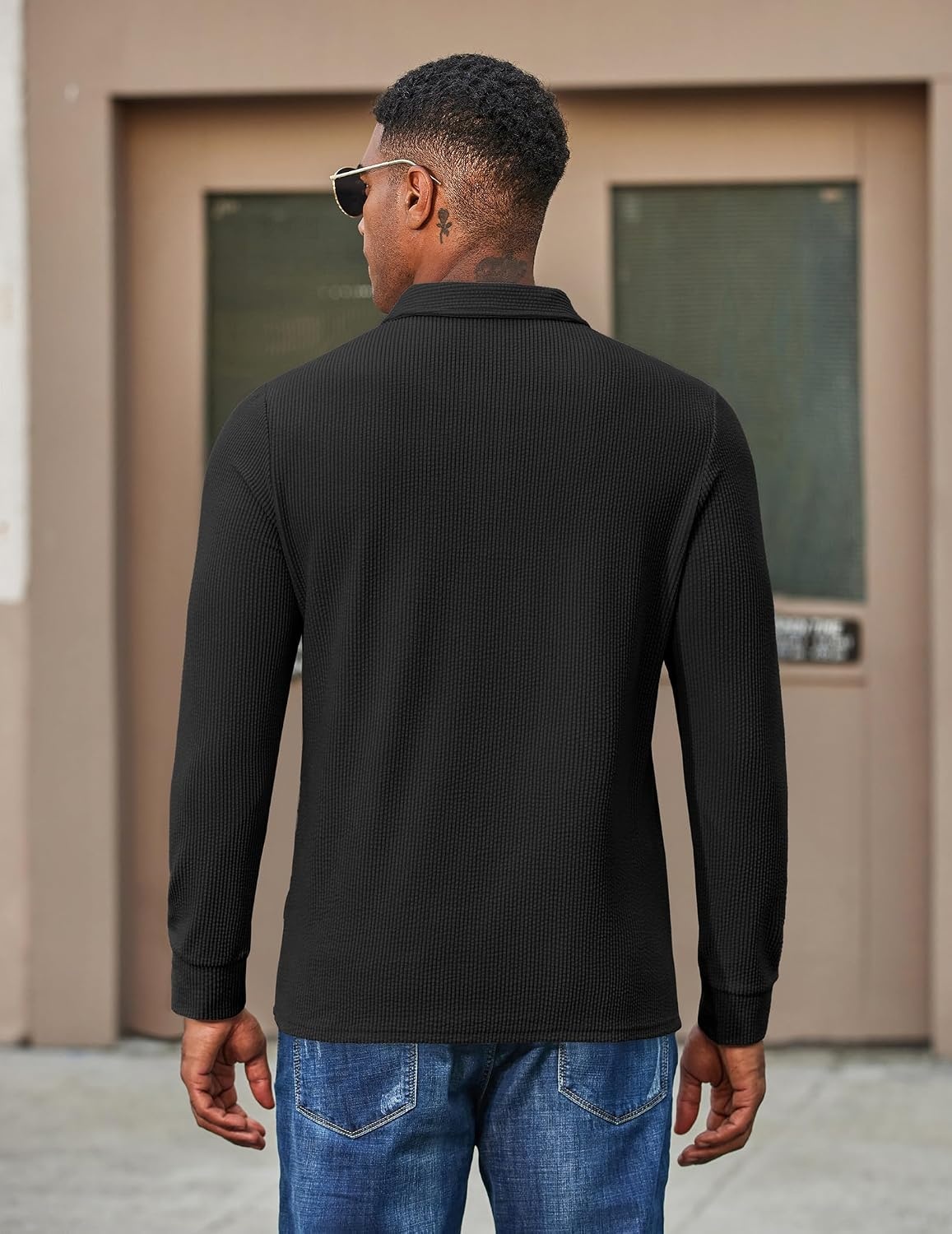 image:imageCOOFANDY Mens Corduroy Long Sleeve Polo Shirts Collared Pullover Soft Textured Fabric Quarter Button Placket Lightweight Regular Fit Fall Fashion Business Casual Work WearBlack