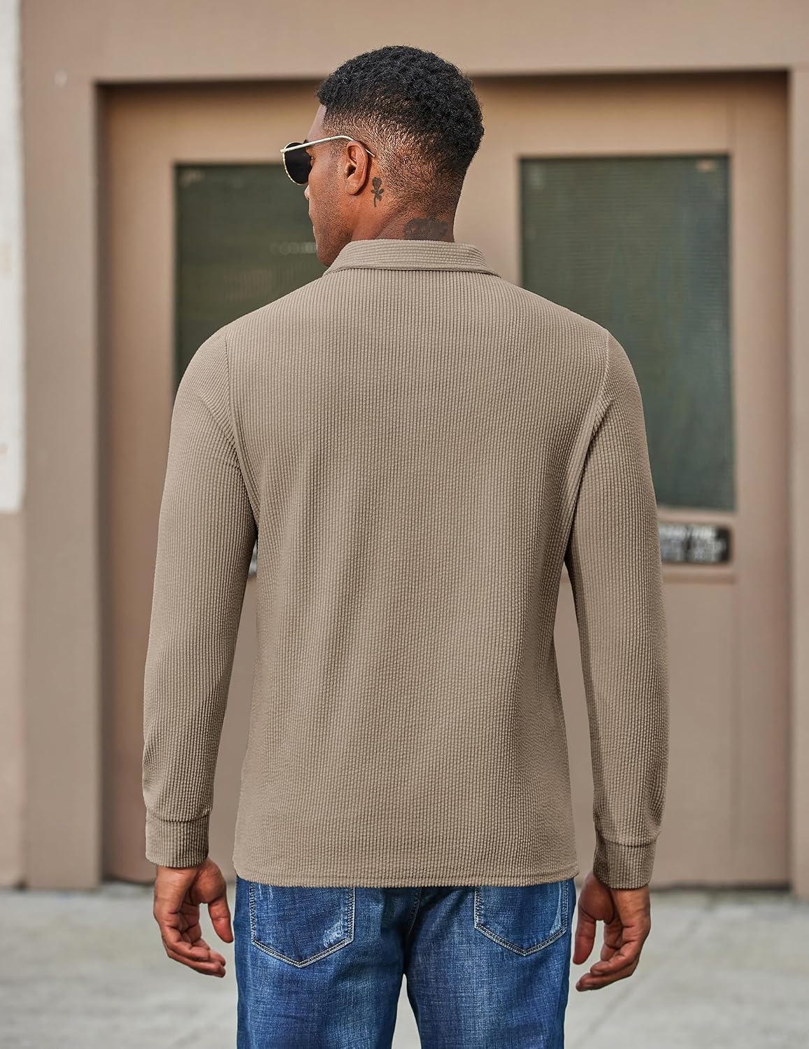 image:imageCOOFANDY Mens Corduroy Long Sleeve Polo Shirts Collared Pullover Soft Textured Fabric Quarter Button Placket Lightweight Regular Fit Fall Fashion Business Casual Work WearKhaki