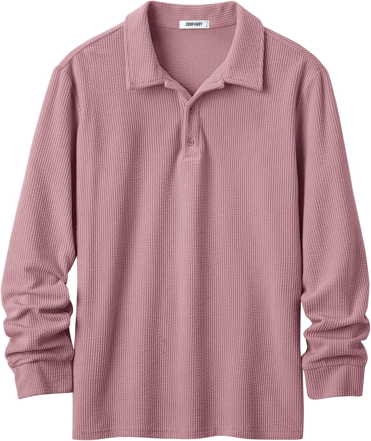 image:imageCOOFANDY Mens Corduroy Long Sleeve Polo Shirts Collared Pullover Soft Textured Fabric Quarter Button Placket Lightweight Regular Fit Fall Fashion Business Casual Work WearDusty Pink
