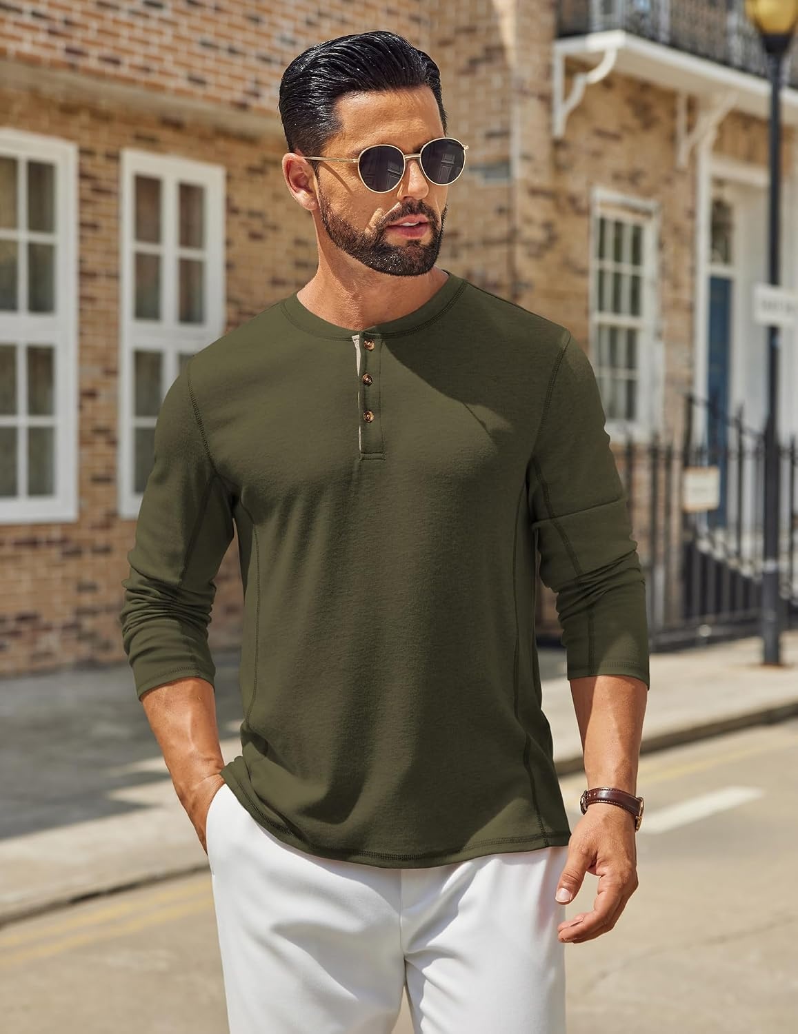 image:imageCOOFANDY Mens Henley Shirts Long Sleeve Casual TShirts Lightweight Tee Maverick SlubLightweightClassicSoft StretchCasualFashionArmy Green