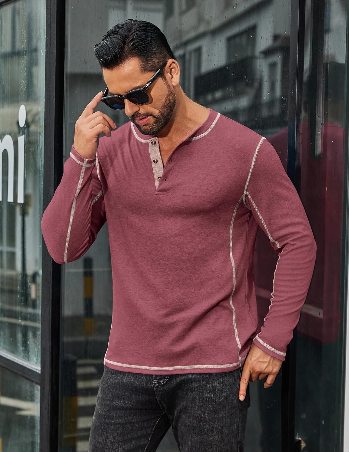 image:imageCOOFANDY Mens Henley Shirts Long Sleeve Casual TShirts Lightweight Tee Maverick SlubLightweightClassicSoft StretchCasualFashionWine Red