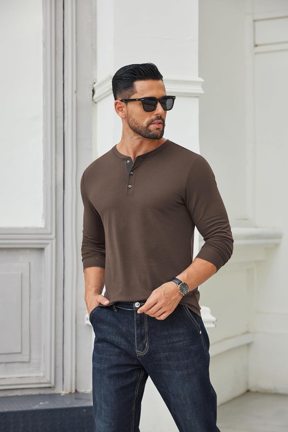 image:imageCOOFANDY Mens Long Sleeve Henley Shirts Cotton TShirts Casual Pullover Shirt Soft Stretch Basic Tees Fall TopsCaramel Brown