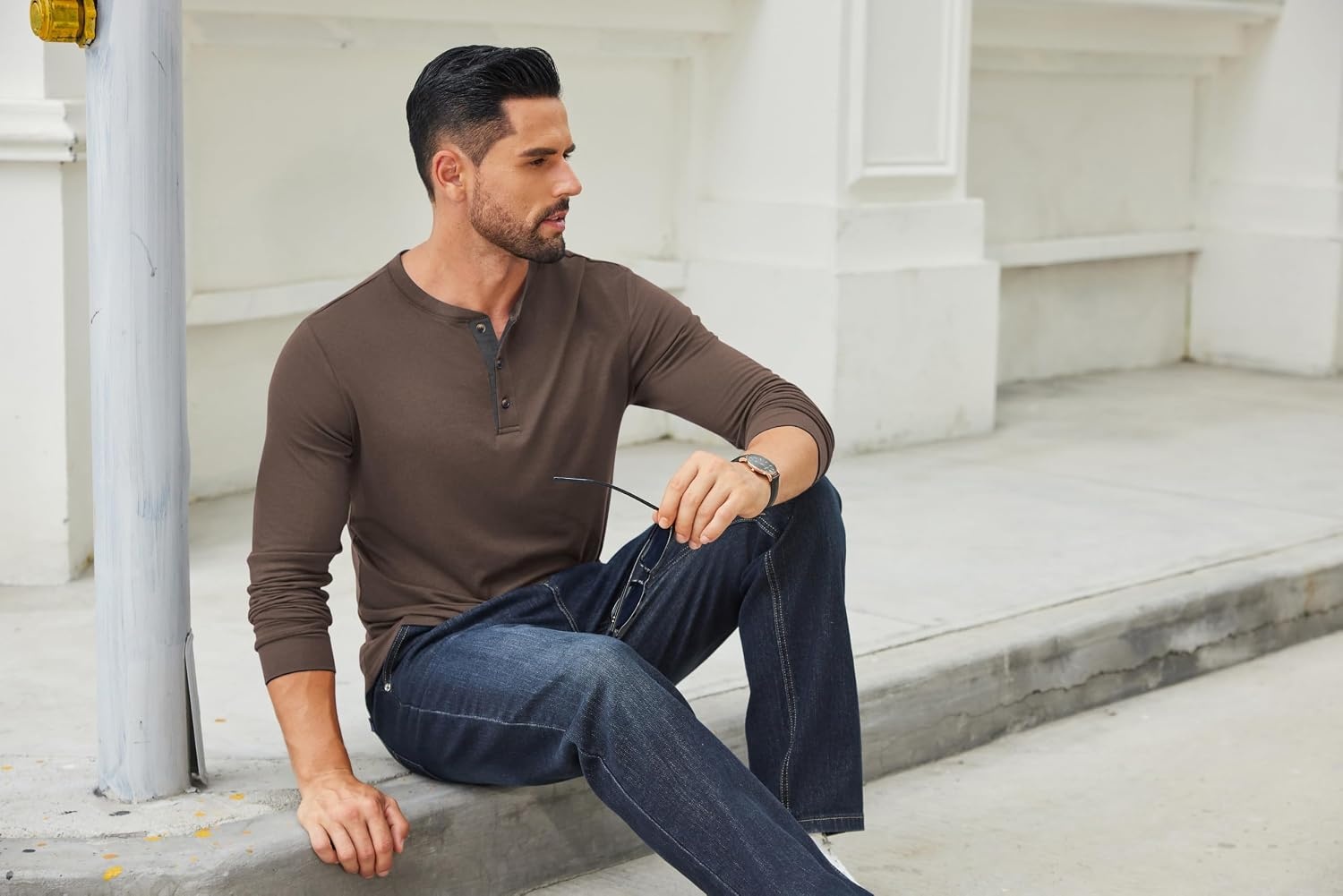 image:imageCOOFANDY Mens Long Sleeve Henley Shirts Cotton TShirts Casual Pullover Shirt Soft Stretch Basic Tees Fall TopsCaramel Brown
