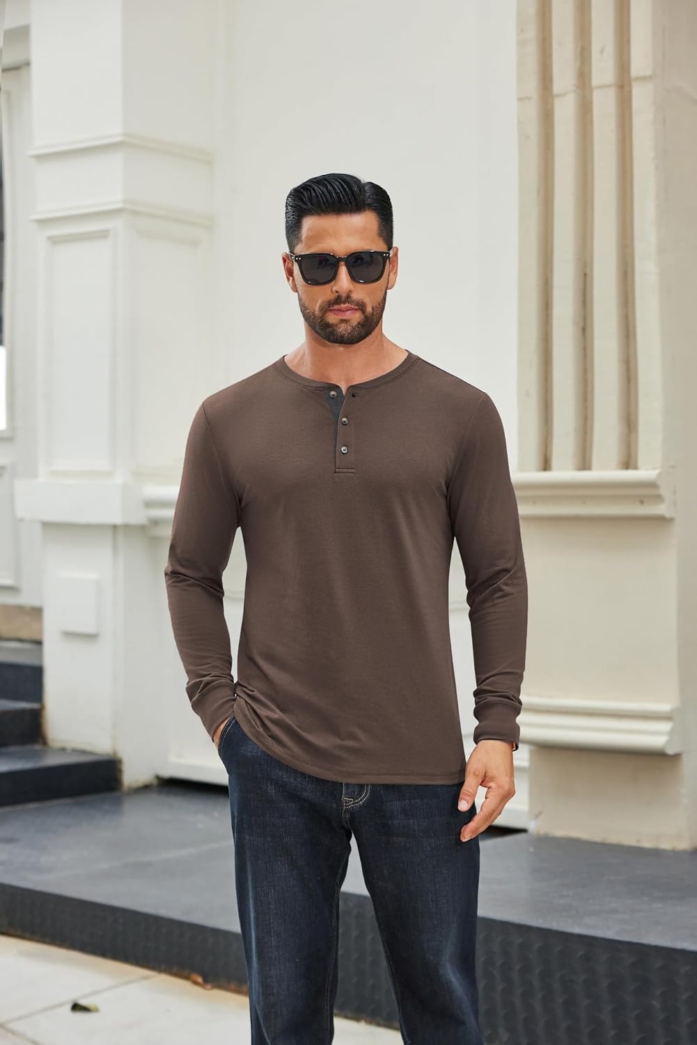 image:imageCOOFANDY Mens Long Sleeve Henley Shirts Cotton TShirts Casual Pullover Shirt Soft Stretch Basic Tees Fall TopsCaramel Brown