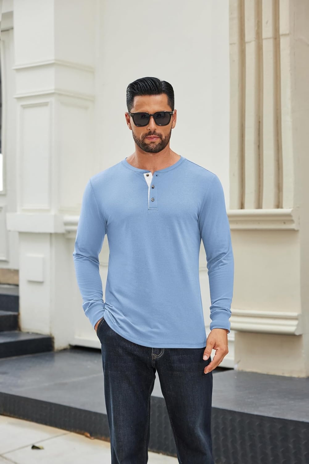 image:imageCOOFANDY Mens Long Sleeve Henley Shirts Cotton TShirts Casual Pullover Shirt Soft Stretch Basic Tees Fall TopsSapphire