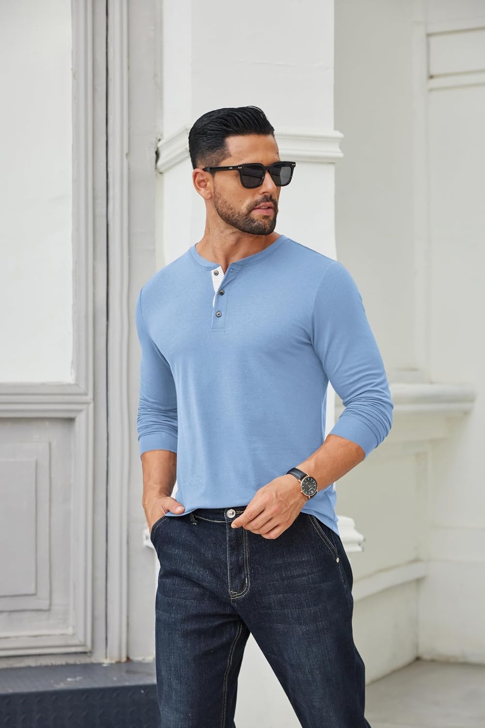image:imageCOOFANDY Mens Long Sleeve Henley Shirts Cotton TShirts Casual Pullover Shirt Soft Stretch Basic Tees Fall TopsSapphire