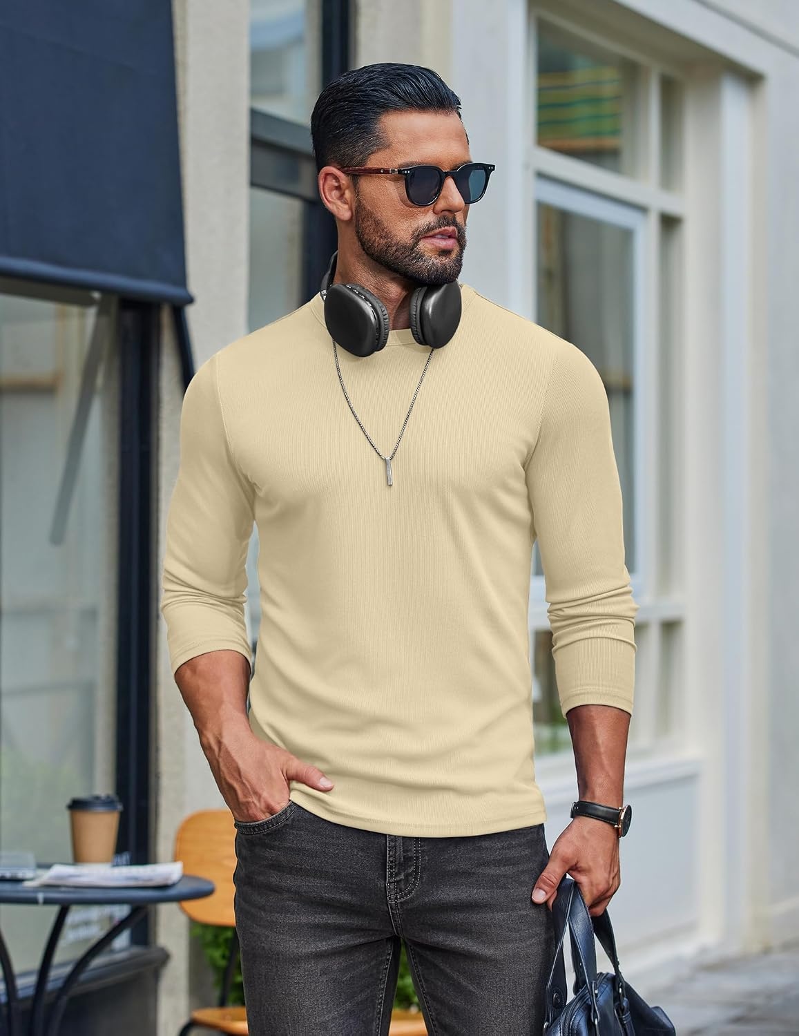 image:imageCOOFANDY Mens Long Sleeve Muscle T Shirts Slim Fit Casual Crew Neck Ribbed Tee ShirtsBeige