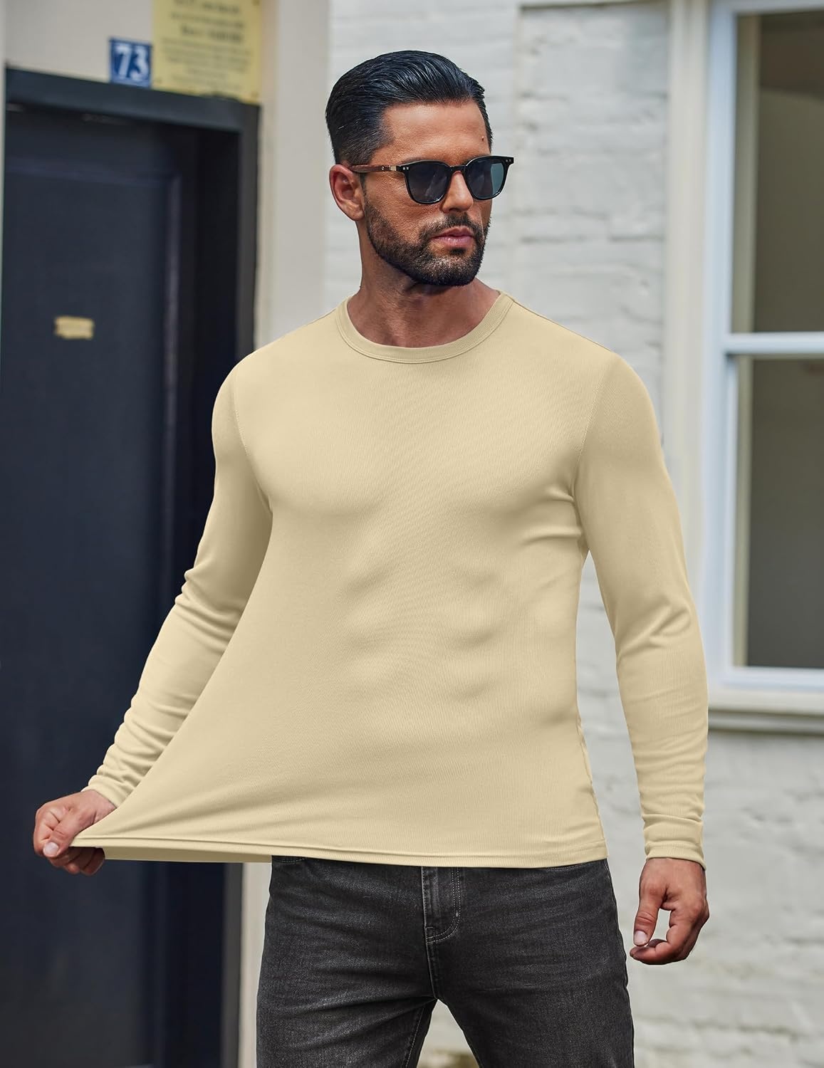 image:imageCOOFANDY Mens Long Sleeve Muscle T Shirts Slim Fit Casual Crew Neck Ribbed Tee ShirtsBeige