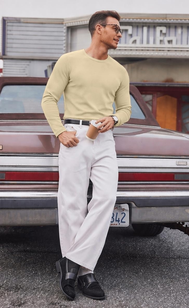 image:imageCOOFANDY Mens Long Sleeve Muscle T Shirts Slim Fit Casual Crew Neck Ribbed Tee ShirtsBeige
