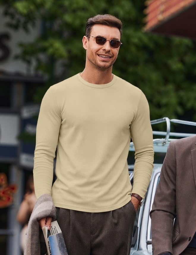 image:imageCOOFANDY Mens Long Sleeve Muscle T Shirts Slim Fit Casual Crew Neck Ribbed Tee ShirtsBeige