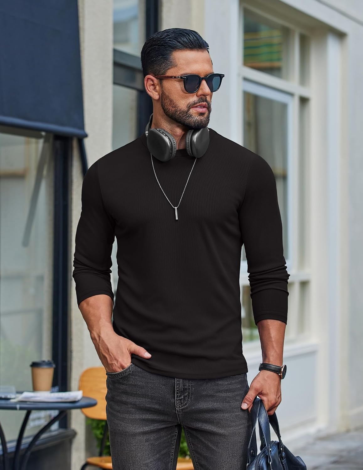 image:imageCOOFANDY Mens Long Sleeve Muscle T Shirts Slim Fit Casual Crew Neck Ribbed Tee ShirtsBlack