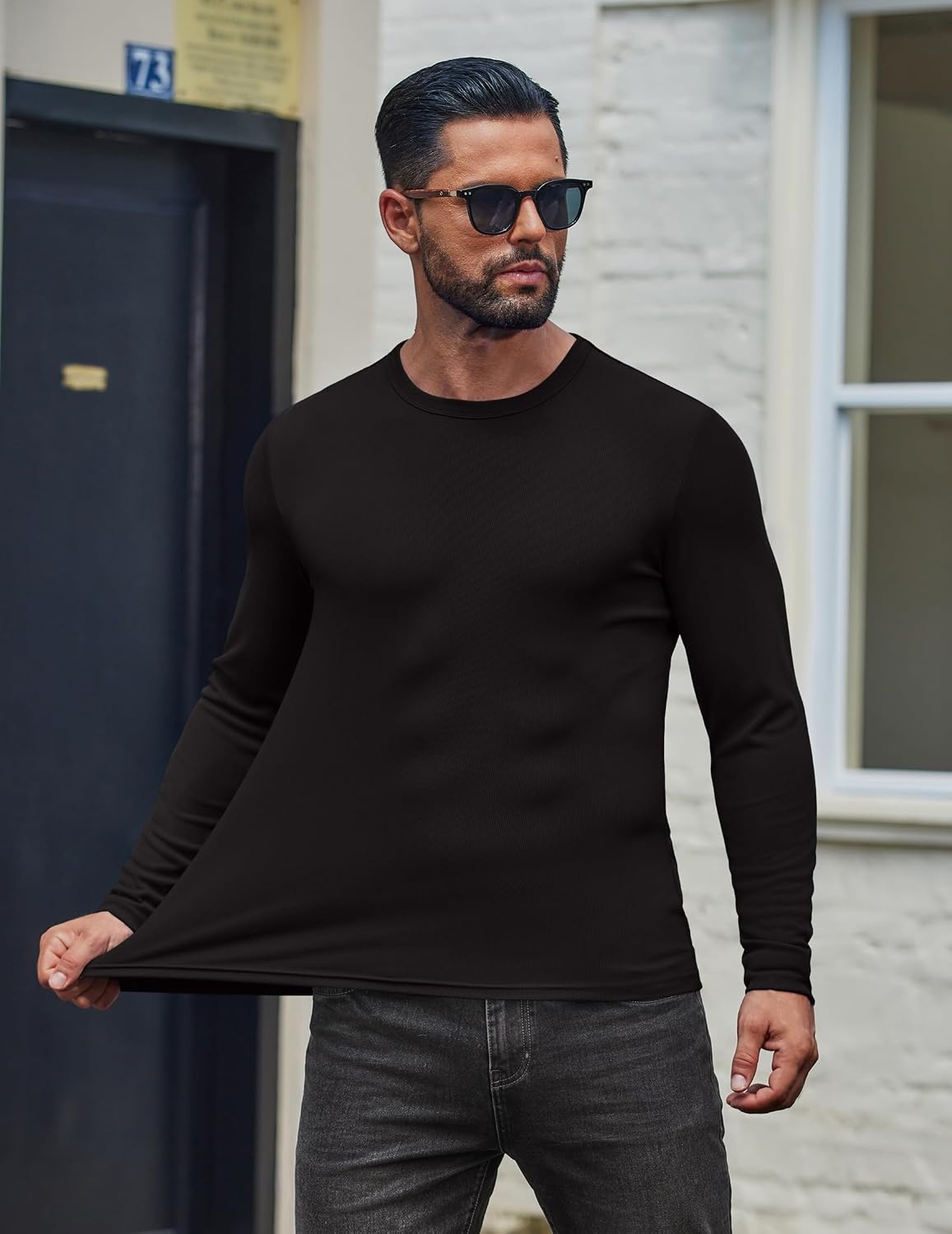 image:imageCOOFANDY Mens Long Sleeve Muscle T Shirts Slim Fit Casual Crew Neck Ribbed Tee ShirtsBlack
