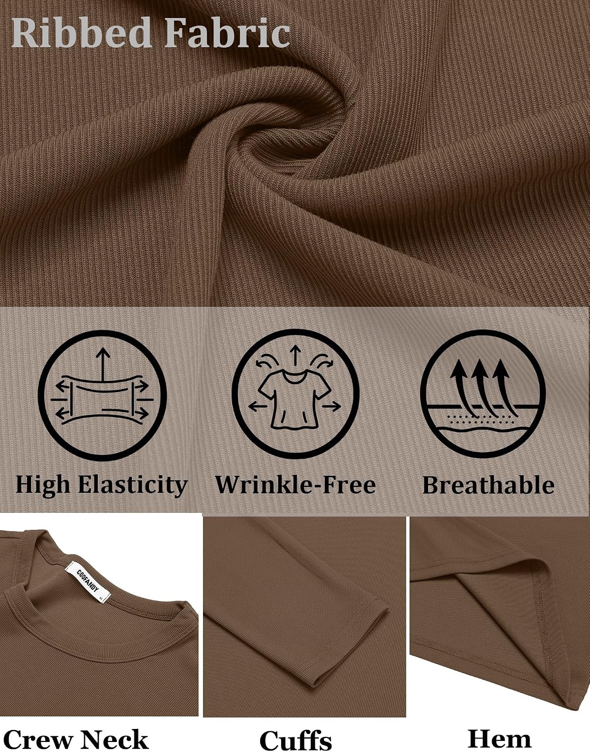image:imageCOOFANDY Mens Long Sleeve Muscle T Shirts Slim Fit Casual Crew Neck Ribbed Tee ShirtsBrown