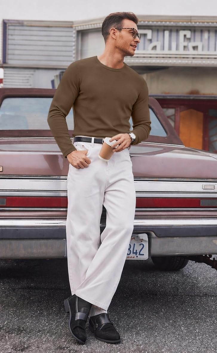 image:imageCOOFANDY Mens Long Sleeve Muscle T Shirts Slim Fit Casual Crew Neck Ribbed Tee ShirtsBrown
