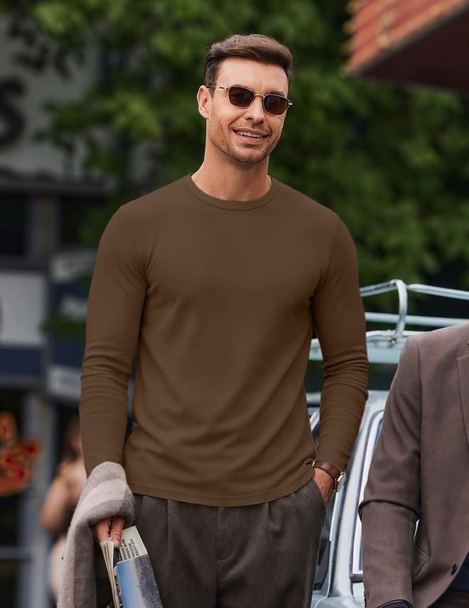 image:imageCOOFANDY Mens Long Sleeve Muscle T Shirts Slim Fit Casual Crew Neck Ribbed Tee ShirtsBrown