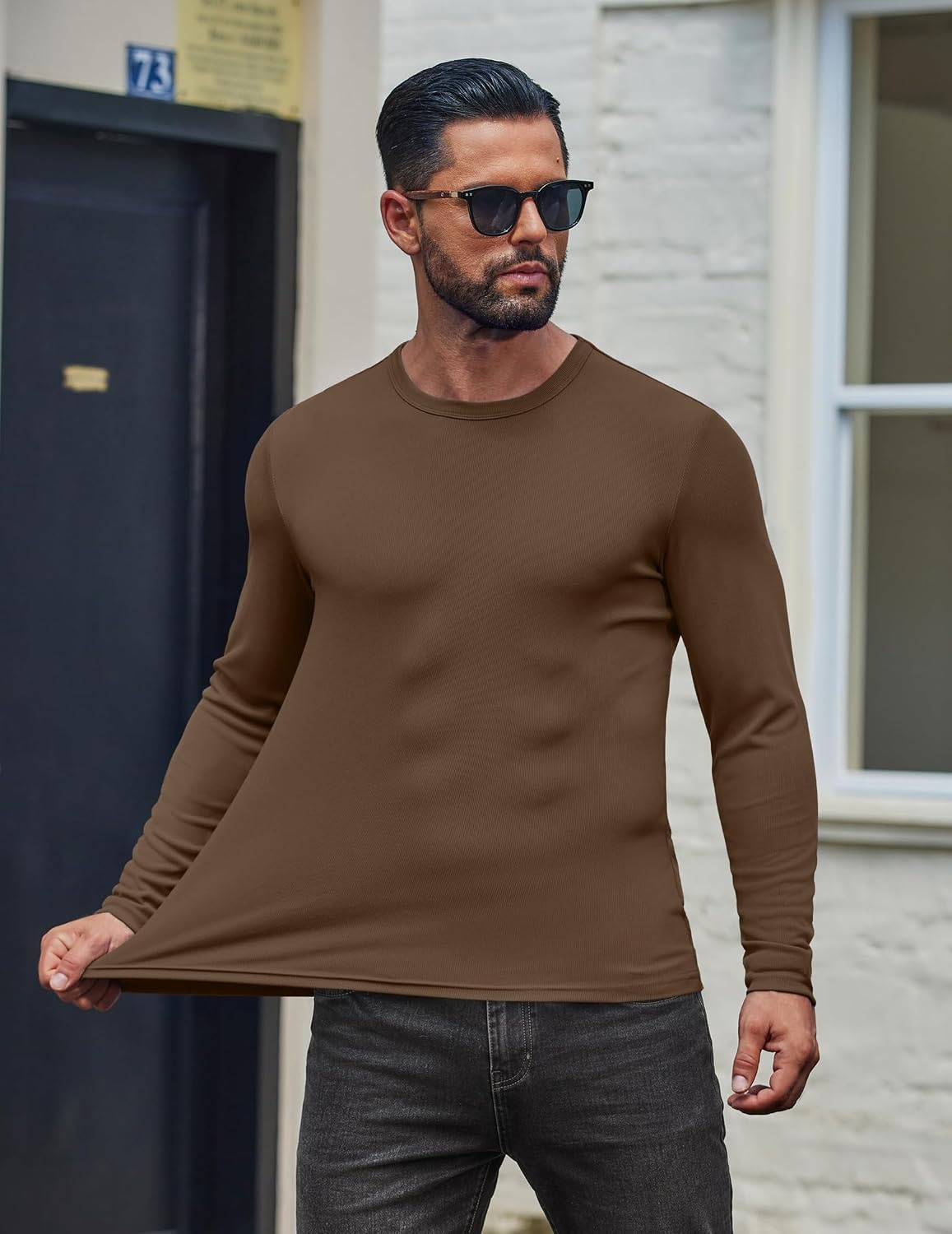 image:imageCOOFANDY Mens Long Sleeve Muscle T Shirts Slim Fit Casual Crew Neck Ribbed Tee ShirtsBrown