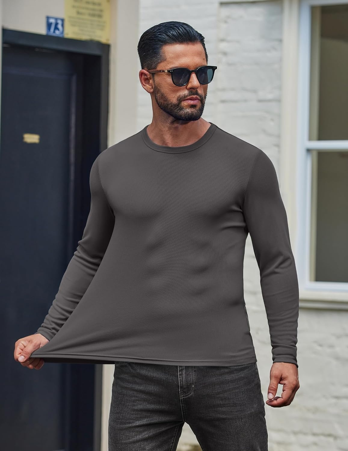 image:imageCOOFANDY Mens Long Sleeve Muscle T Shirts Slim Fit Casual Crew Neck Ribbed Tee ShirtsDark Gray