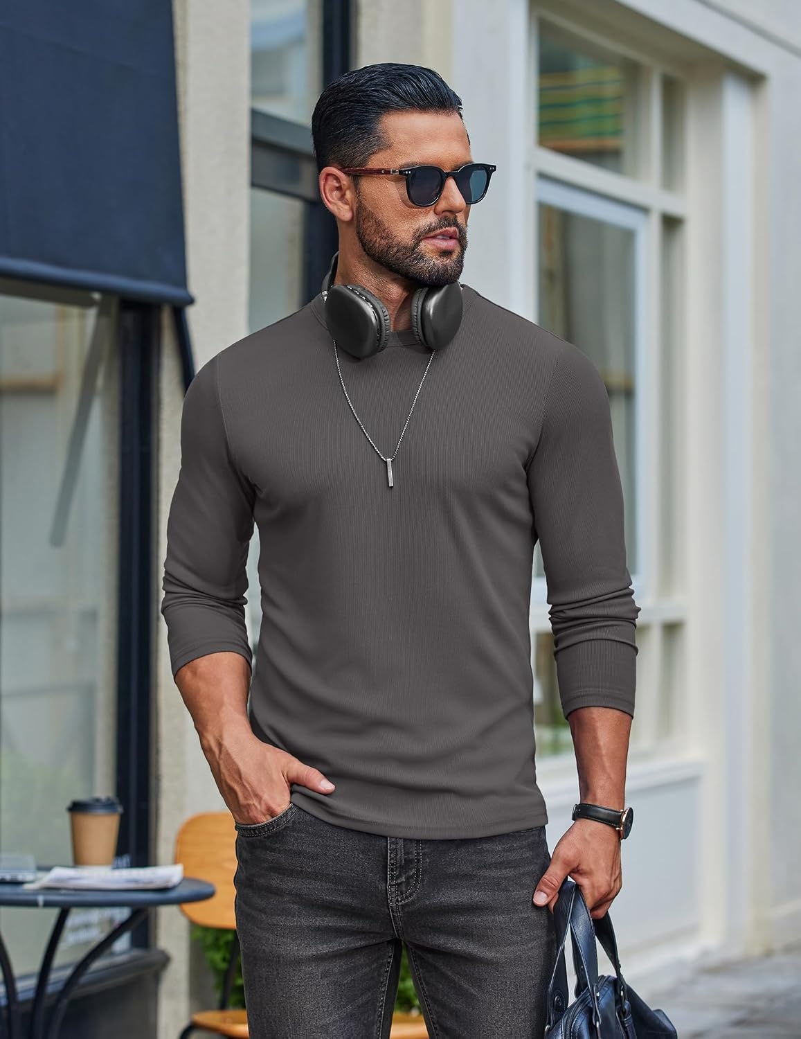 image:imageCOOFANDY Mens Long Sleeve Muscle T Shirts Slim Fit Casual Crew Neck Ribbed Tee ShirtsDark Gray