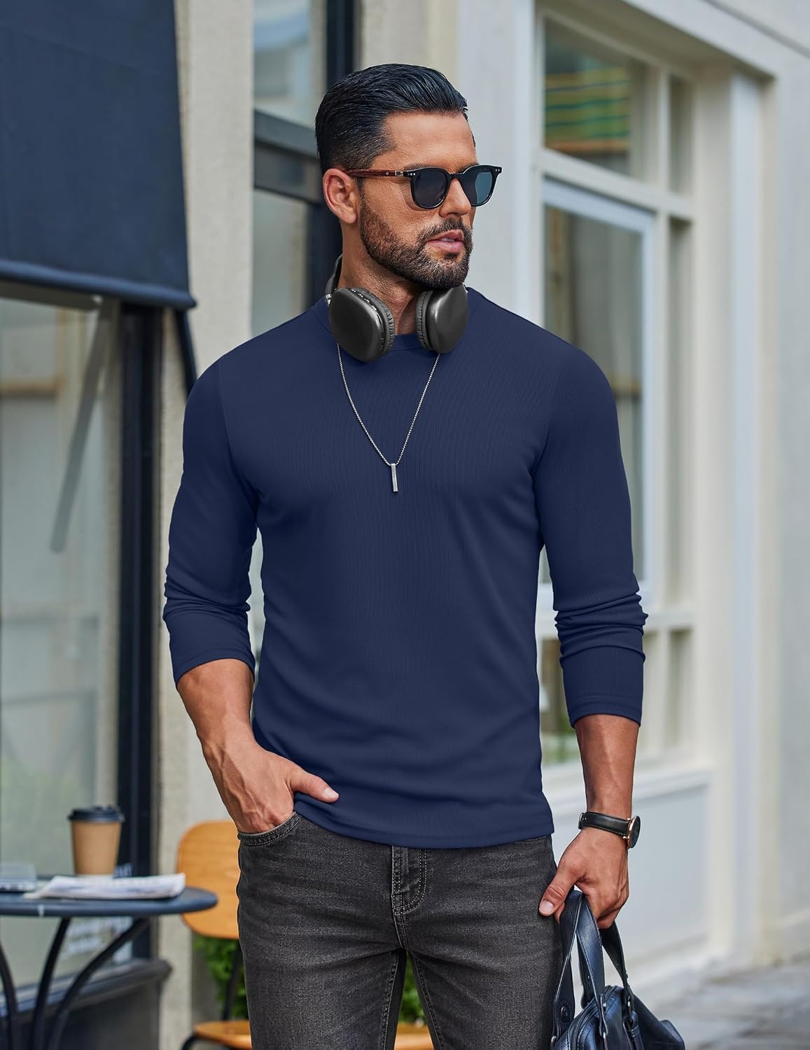 image:imageCOOFANDY Mens Long Sleeve Muscle T Shirts Slim Fit Casual Crew Neck Ribbed Tee ShirtsNavy Blue