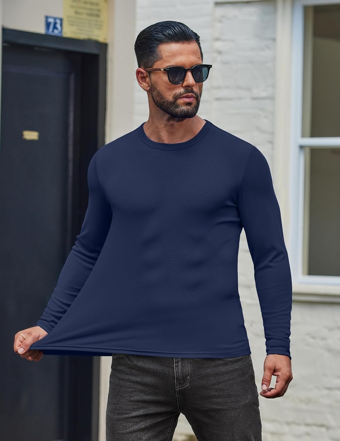 image:imageCOOFANDY Mens Long Sleeve Muscle T Shirts Slim Fit Casual Crew Neck Ribbed Tee ShirtsNavy Blue