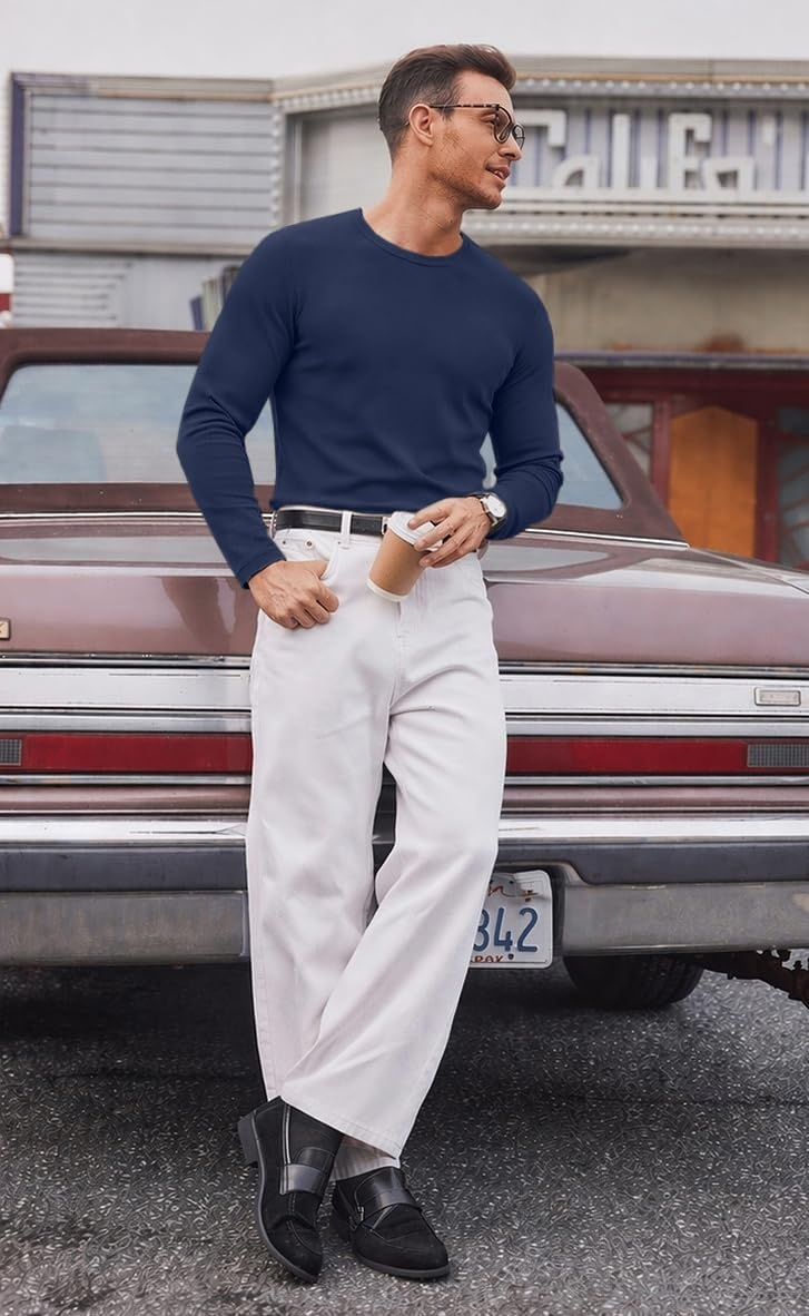 image:imageCOOFANDY Mens Long Sleeve Muscle T Shirts Slim Fit Casual Crew Neck Ribbed Tee ShirtsNavy Blue