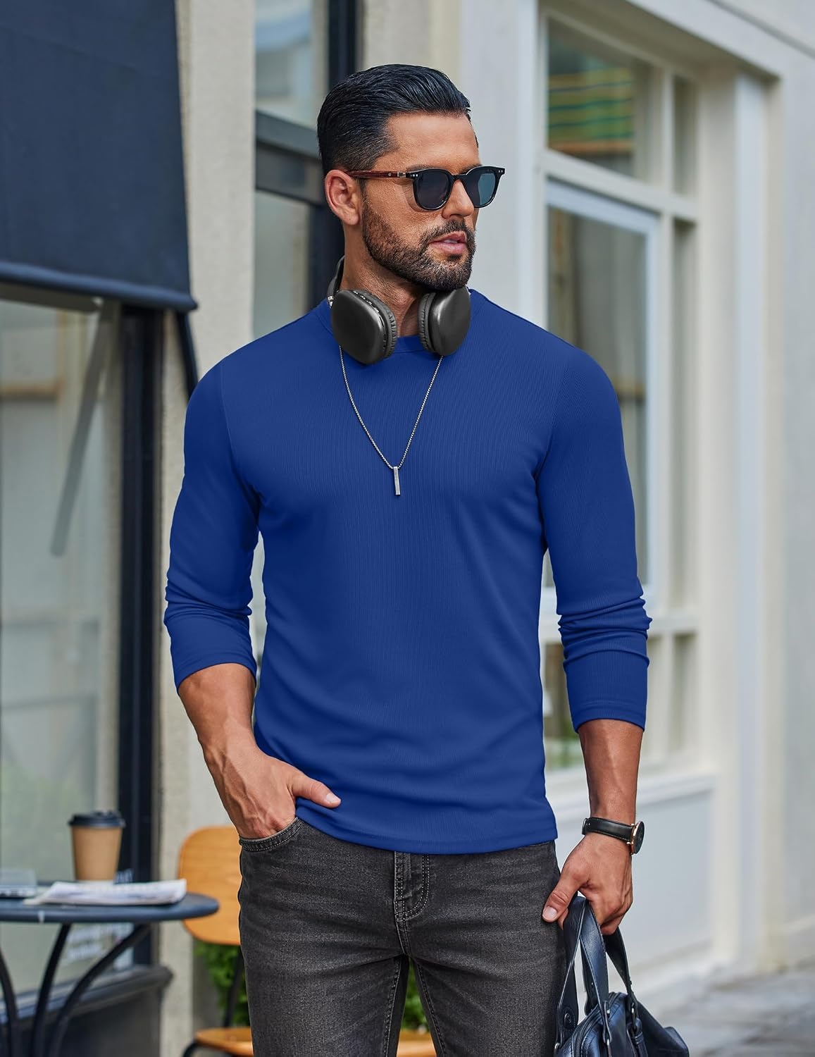 image:imageCOOFANDY Mens Long Sleeve Muscle T Shirts Slim Fit Casual Crew Neck Ribbed Tee ShirtsRoyal Blue