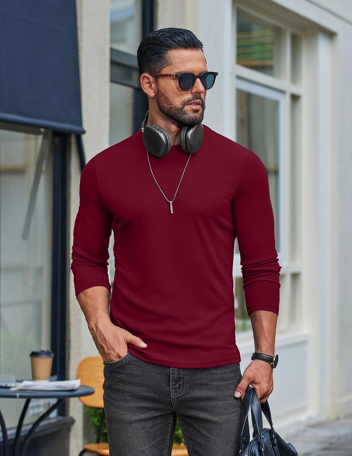 image:imageCOOFANDY Mens Long Sleeve Muscle T Shirts Slim Fit Casual Crew Neck Ribbed Tee ShirtsWine Red