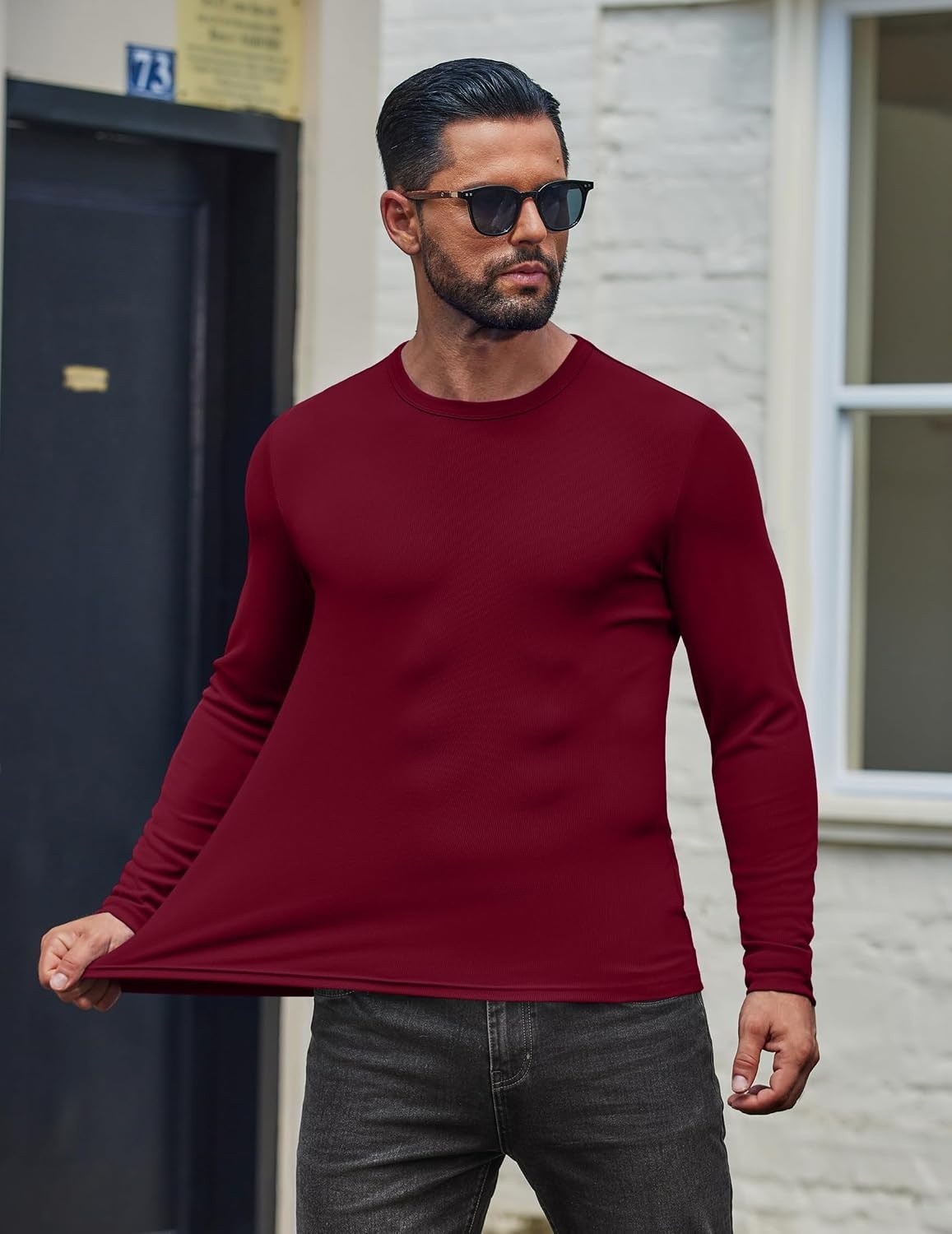 image:imageCOOFANDY Mens Long Sleeve Muscle T Shirts Slim Fit Casual Crew Neck Ribbed Tee ShirtsWine Red