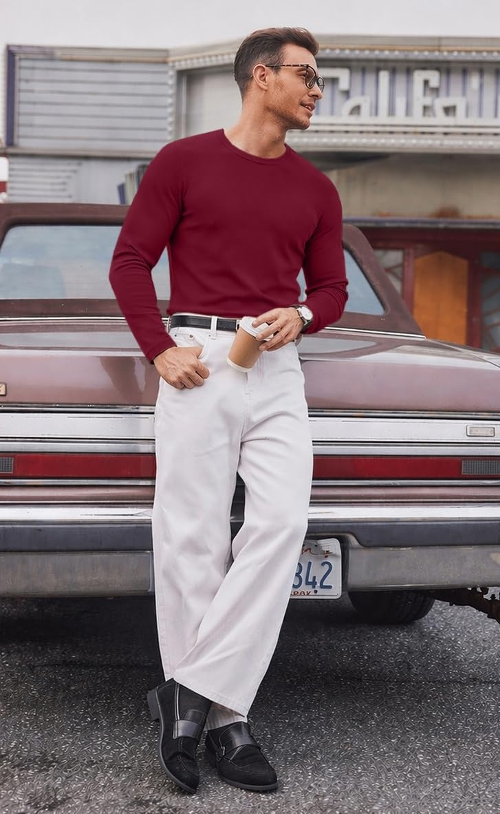 image:imageCOOFANDY Mens Long Sleeve Muscle T Shirts Slim Fit Casual Crew Neck Ribbed Tee ShirtsWine Red