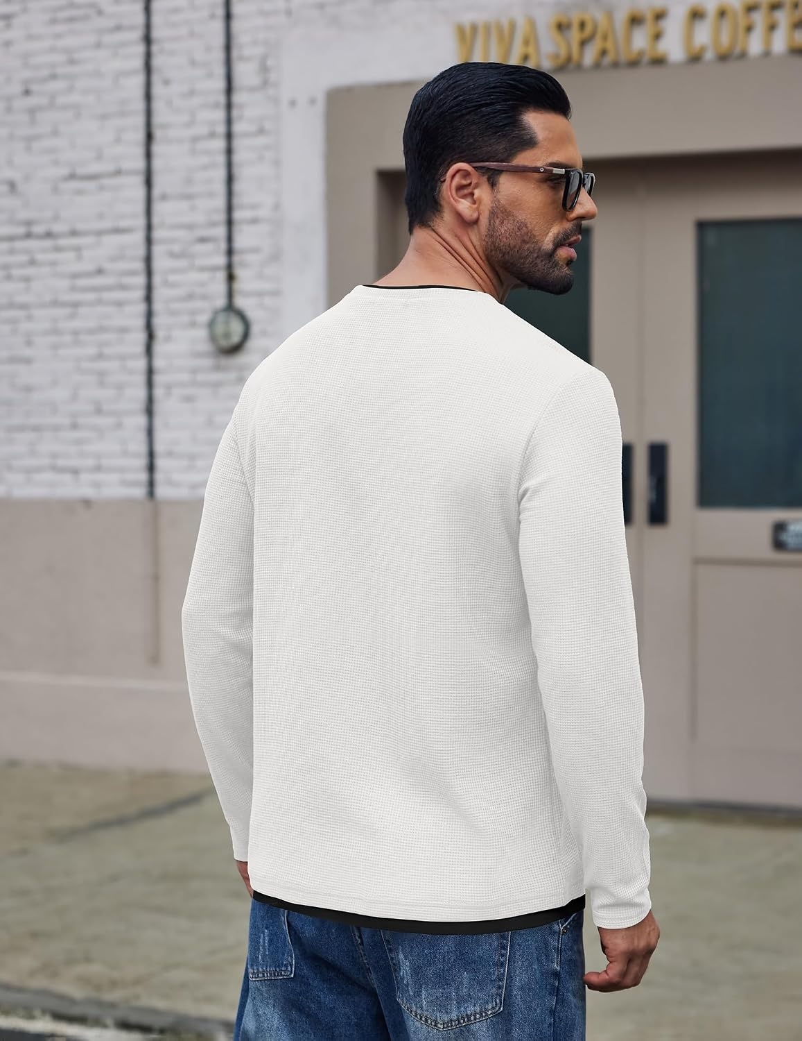 image:imageCOOFANDY Mens Long Sleeve Tee Shirts Cotton Waffle Crewneck Pullover Tshirts with Contrast TrimAll White Black Trim