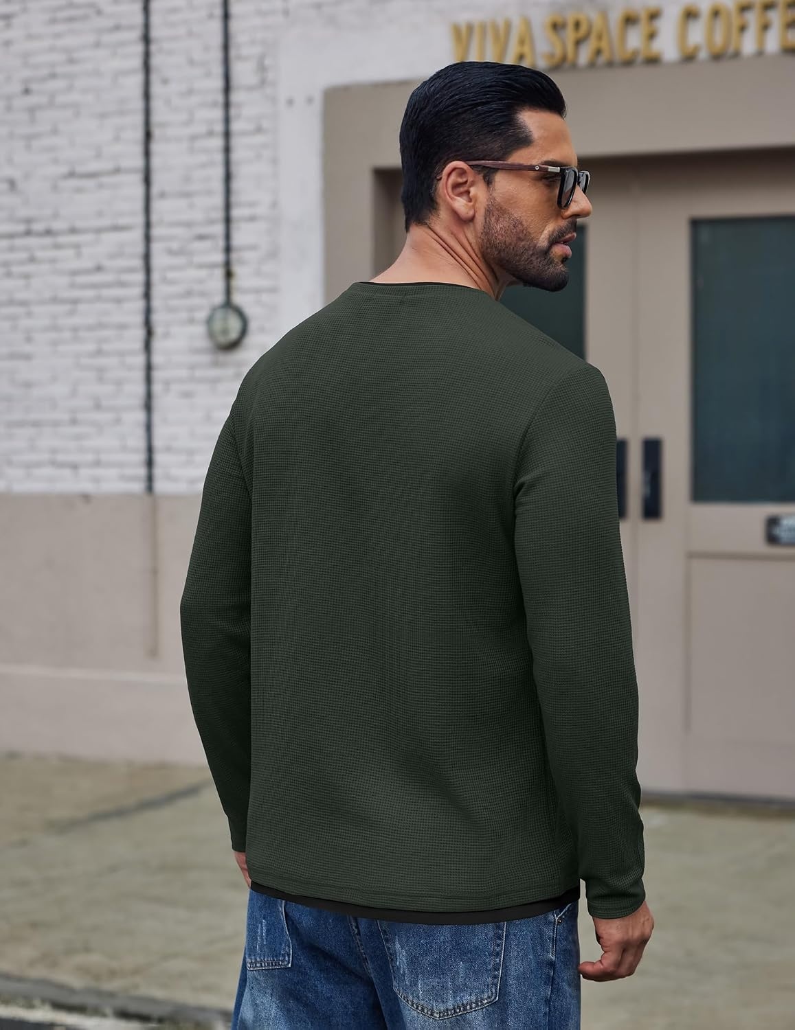 image:imageCOOFANDY Mens Long Sleeve Tee Shirts Cotton Waffle Crewneck Pullover Tshirts with Contrast TrimArmy Green Black Trims