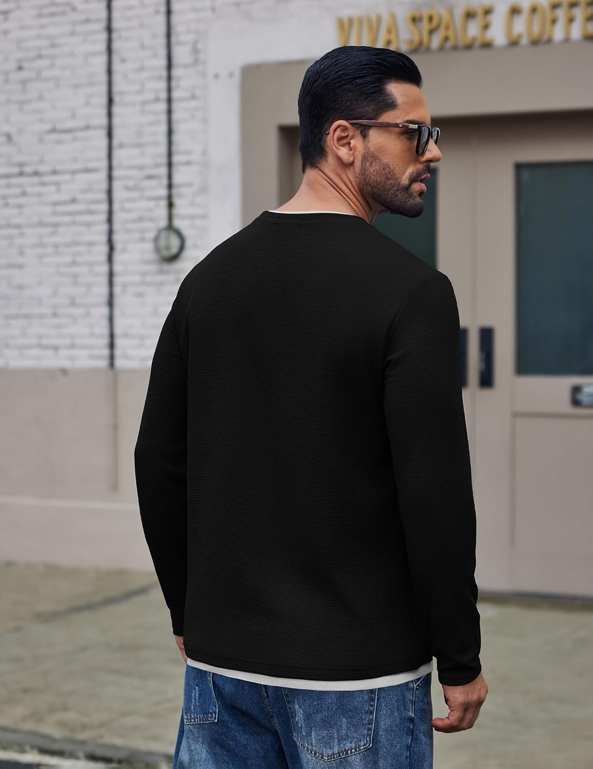 image:imageCOOFANDY Mens Long Sleeve Tee Shirts Cotton Waffle Crewneck Pullover Tshirts with Contrast TrimBlack Light Grey Trim