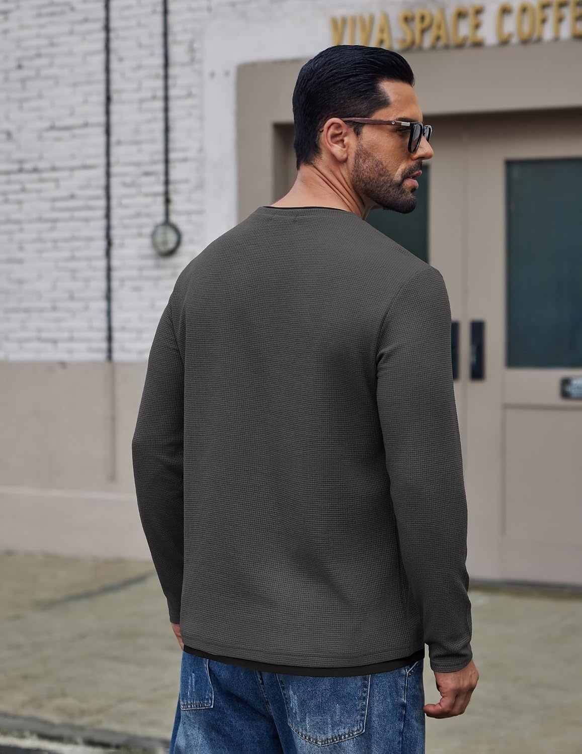 image:imageCOOFANDY Mens Long Sleeve Tee Shirts Cotton Waffle Crewneck Pullover Tshirts with Contrast TrimDark Grey Black Trim