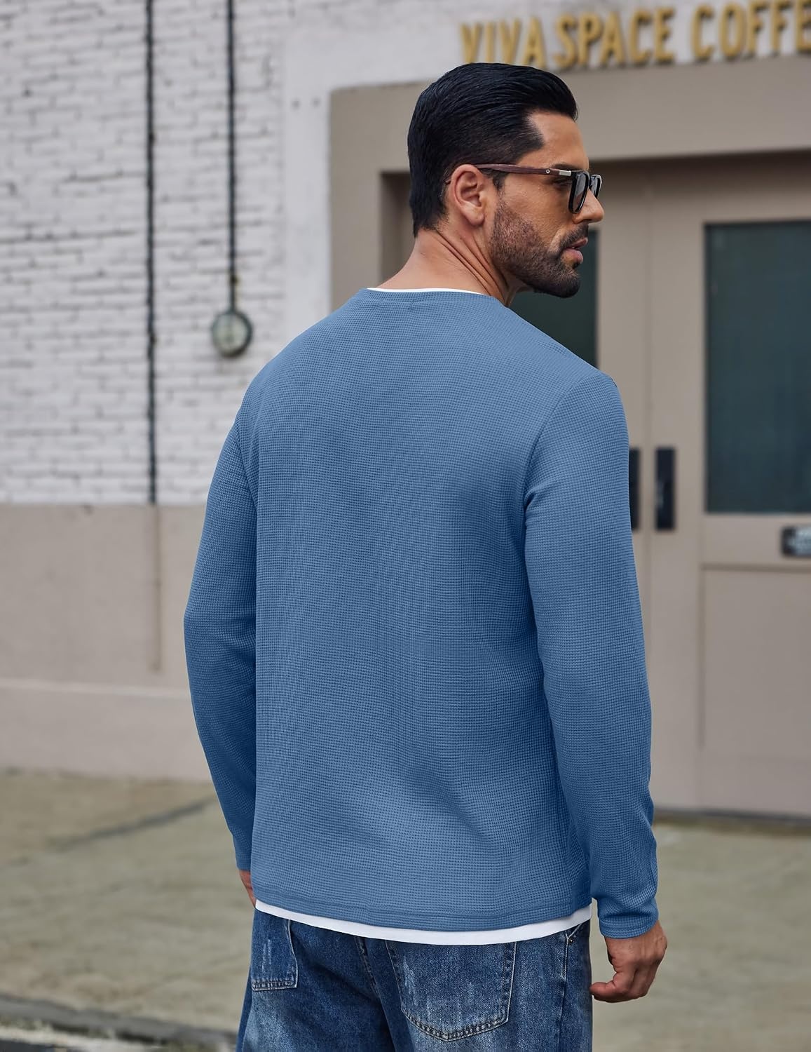 image:imageCOOFANDY Mens Long Sleeve Tee Shirts Cotton Waffle Crewneck Pullover Tshirts with Contrast TrimGrey Blue White Trim