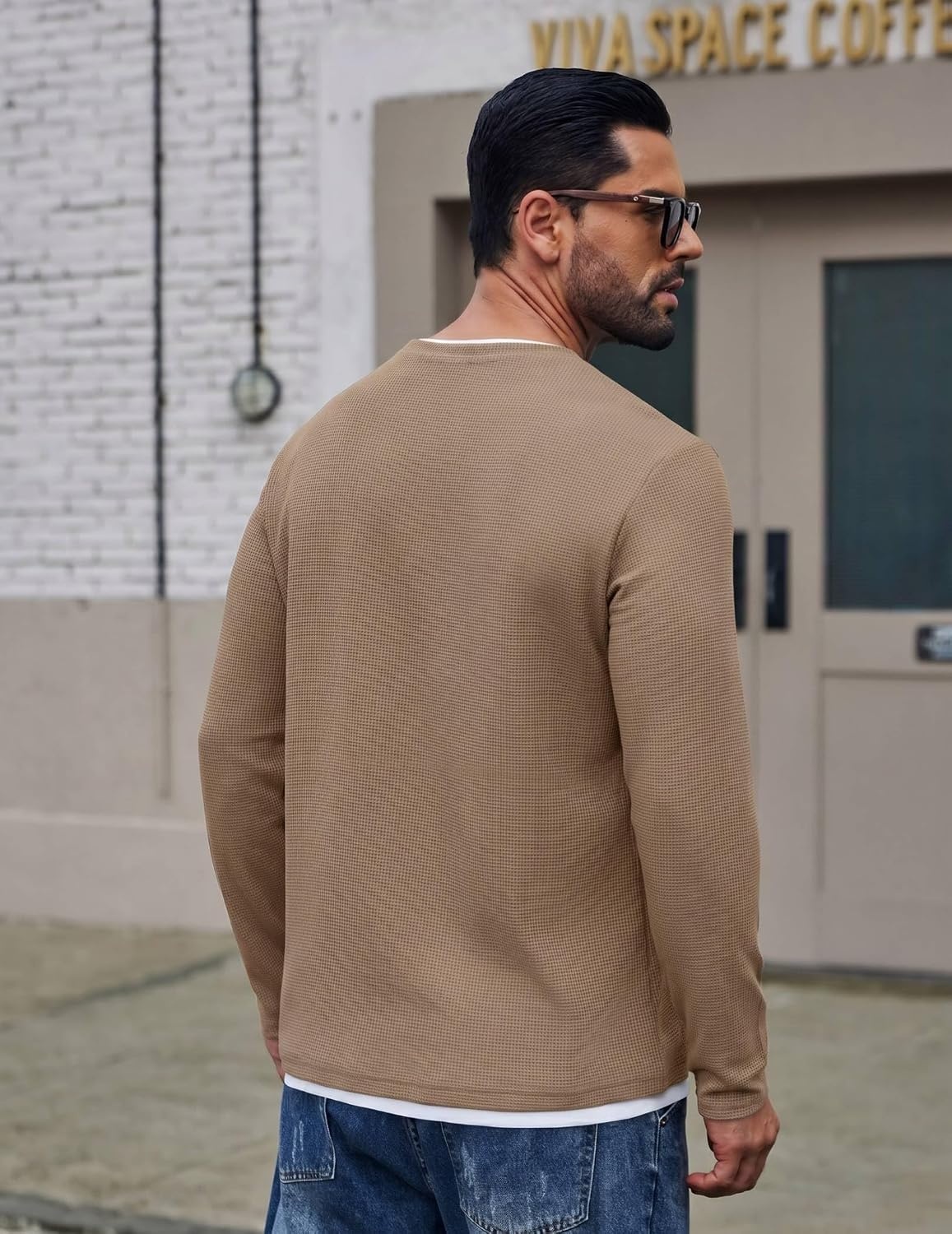 image:imageCOOFANDY Mens Long Sleeve Tee Shirts Cotton Waffle Crewneck Pullover Tshirts with Contrast TrimKhaki White Trim