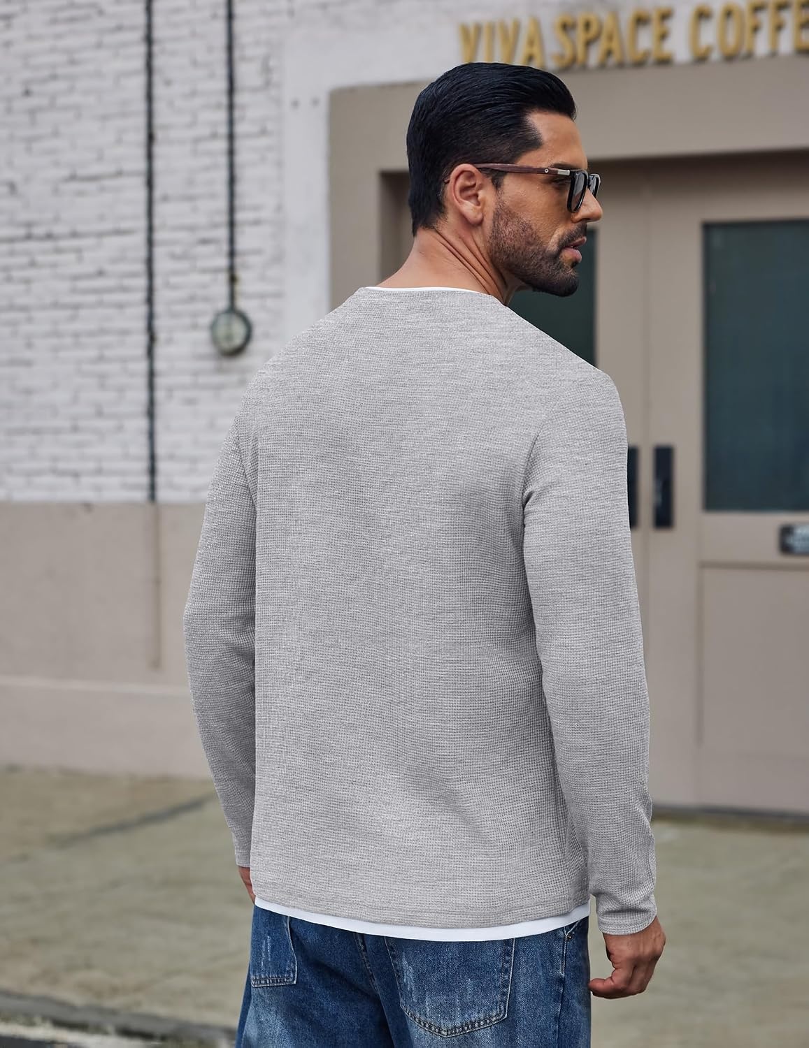 image:imageCOOFANDY Mens Long Sleeve Tee Shirts Cotton Waffle Crewneck Pullover Tshirts with Contrast TrimLight Grey White Trim
