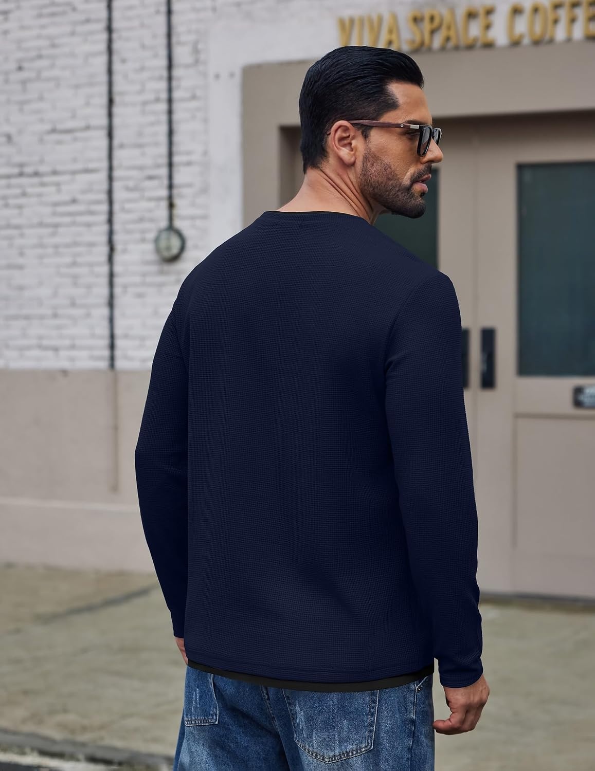 image:imageCOOFANDY Mens Long Sleeve Tee Shirts Cotton Waffle Crewneck Pullover Tshirts with Contrast TrimNavy Black Trim
