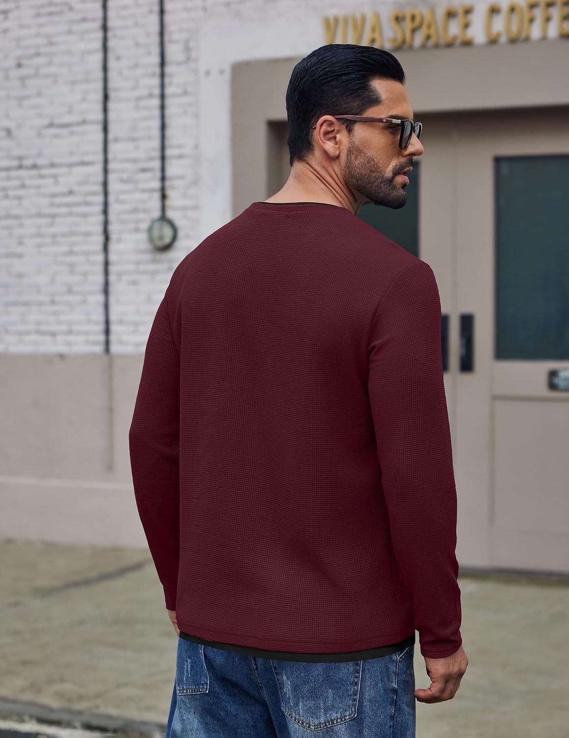 image:imageCOOFANDY Mens Long Sleeve Tee Shirts Cotton Waffle Crewneck Pullover Tshirts with Contrast TrimRed Black Trim