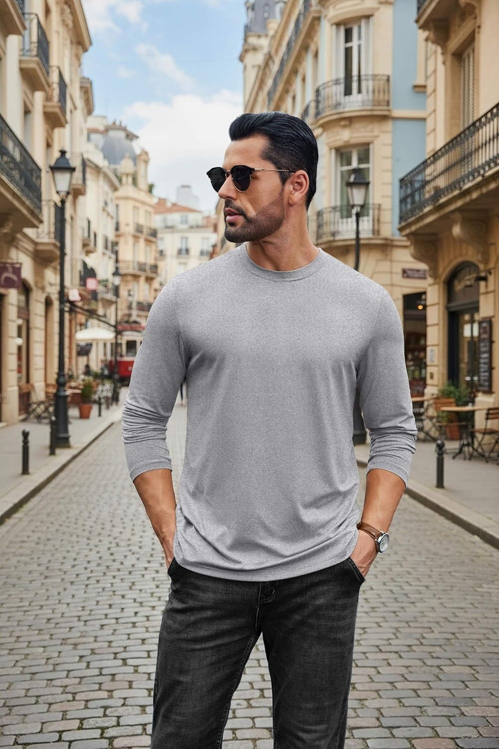 image:imageCOOFANDY Mens Long Sleeve Tee Shirts Stretch Crew Neck Thermal Shirts Casual T Shirts for MenHeather Grey